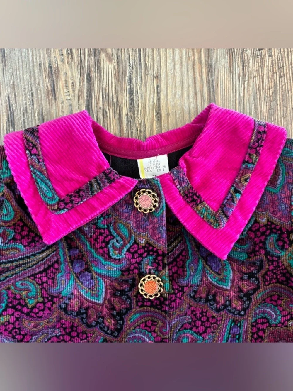 Vtg Kids Corduroy Jumpsuit Jumper Romper Girls 3T Pink Colorful Paisley Cottage
